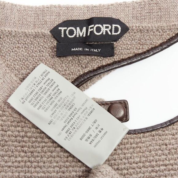 TOM FORD taupe fleece wool blend cut out leather collar sweater S - Picture 8 of 9